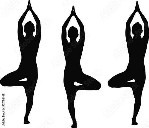 Minimalist black silhouette illustration of three people practicing yoga tree pose, modern fitness lifestyle concept emphasizing balance, meditation, wellness, exercise, and healthy living.