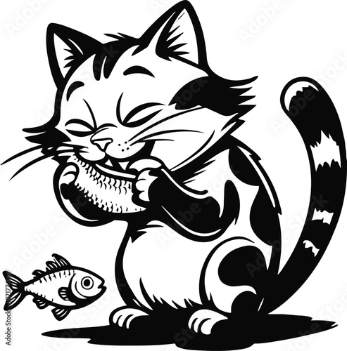  Super thick outline sticker-style vector of a playful cat chewing a small fish, simplified cartoon proportions, heavy black stroke, flat black and white 3