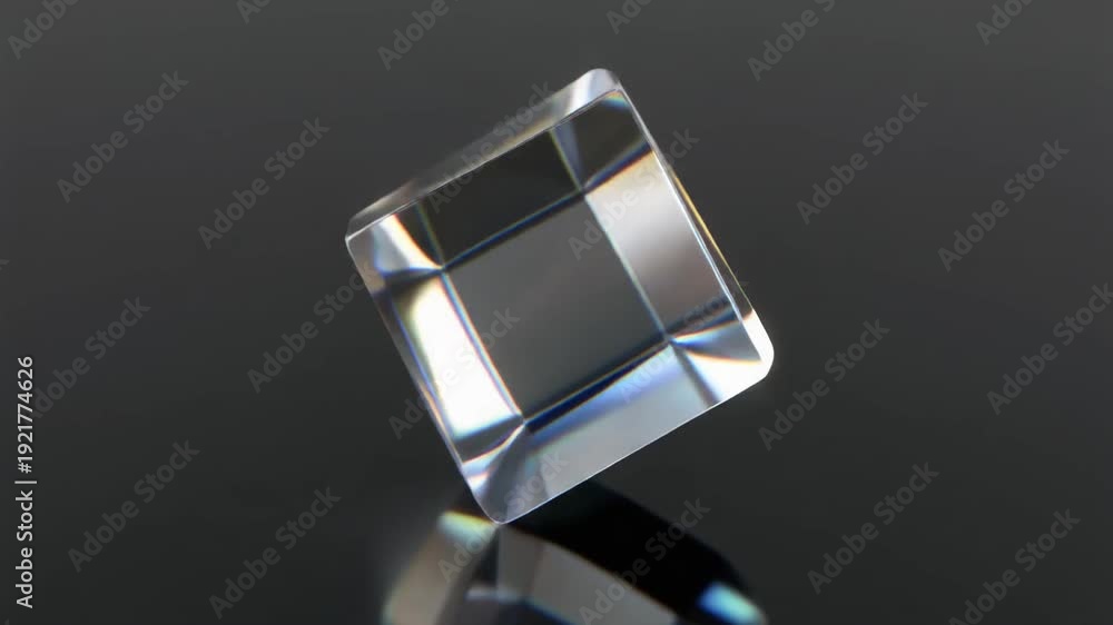 A clear glass cube is placed on a black surface, its smooth faces ...