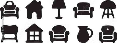 Home Furniture Icons Chair Sofa Table Lamp Black Set