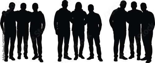 Group of standing men silhouettes isolated on white background male friendship teamwork people collection black vector illustration concept