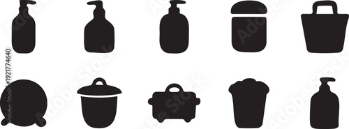 Cleaning Bucket Spray Mop Sponge Icons Black Set