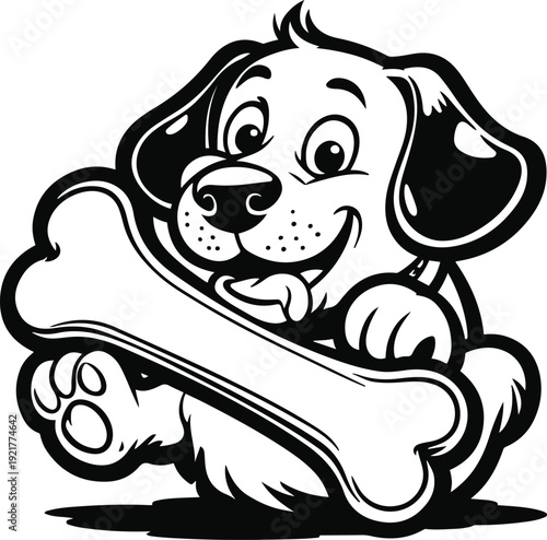 Super thick outline sticker-style vector of a playful dog chewing a bone, simplified cartoon proportions, heavy black stroke, flat black and white, no texture, isolated 2