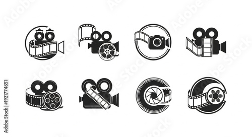 Collection of vintage film camera icons and symbols.