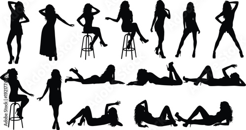 Collection of black silhouettes of professional couples dancing ballroom and latin styles with expressive movement and poses isolated on white background for arts events