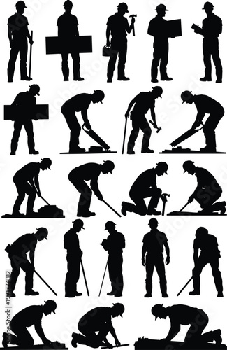 Construction workers silhouette collection, builder and repairman with tools in various working poses, black vector illustration isolated on white background