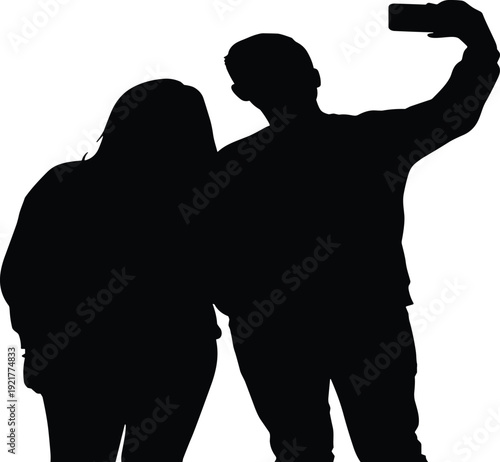 Minimalist black silhouette illustration of two friends taking a selfie with smartphone, modern social media lifestyle concept highlighting technology, 