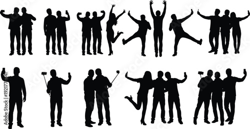 Group of happy people silhouettes taking selfies and celebrating with raised arms isolated on white background, friendship teamwork concept vector illustration