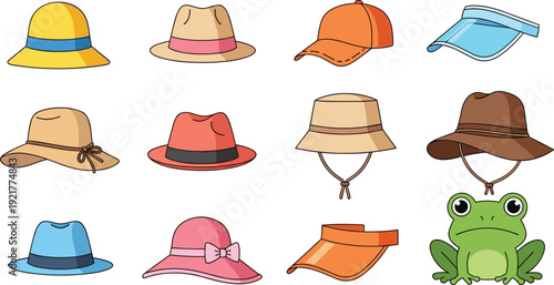 Hat collection vector set including sun hats caps visors bucket hats and cartoon frog illustration fashion accessories colorful design isolated icons