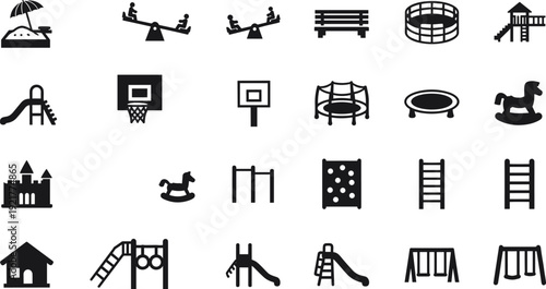 Playground Equipment Silhouettes Collection, Children Park Slides Swings Seesaw Trampoline Sandbox Icons Isolated on White Background Set