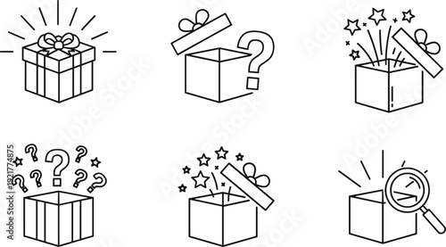Black and white vector illustration set featuring six mystery gift boxes with bows, stars, question marks, and discovery-themed surprise elements.