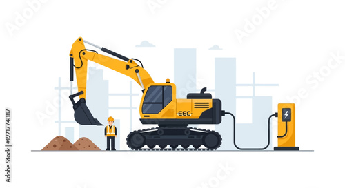 Electric Excavator Charging at Construction Site with Worker. Green Heavy Equipment for Sustainable Building and Zero Emission Infrastructure Development. Modern Clean Energy Solution.