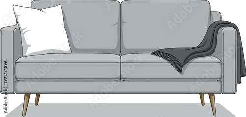 Contemporary Gray Couch with White Pillow and Dark Throw Minimalist Living Room Furniture Vector Illustration