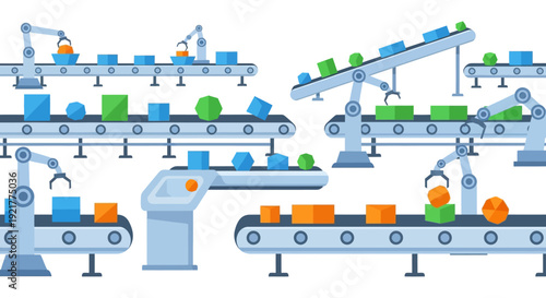 Industrial Automation Process with Robotic Arms and Conveyor Belts. Modern Manufacturing, Smart Factory, Logistics, and Technology Concept.