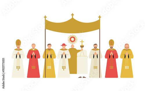 A vector illustration of a group of clergy standing under a canopy