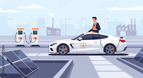 Man Charges Electric Vehicle with Solar Power at Modern Urban Station