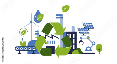 Sustainable Industry & Green Energy Concept: Recycling, Renewable Power, Eco-Friendly Manufacturing, and Clean Technology for a Greener Future