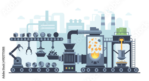 Automated Manufacturing Factory Production Line with Robotics, Conveyor Belts, and Material Processing from Raw Goods to Finished Products