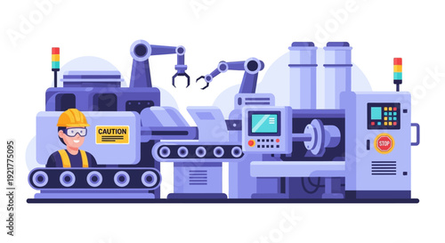 Industrial Automation Factory: Worker Overseeing Robotic Production Line with Conveyor Belt. Modern Manufacturing Process & Safety Illustration.
