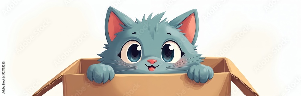 Fototapeta premium Cute cartoon cat peeks out of cardboard box. Whimsical blue kitten with big eyes and fluffy ears. Adorable pet plays in container, friendly playful pet illustration.