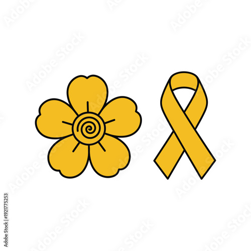 Yellow flower and awareness ribbon, symbols of support for various causes in vector format