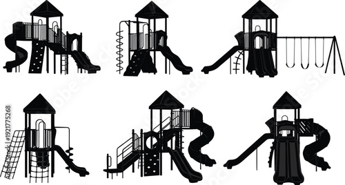 Playground Structure Silhouettes Set, Outdoor Kids Play Equipment with Slides Swings Climbing Frames Isolated on White Background