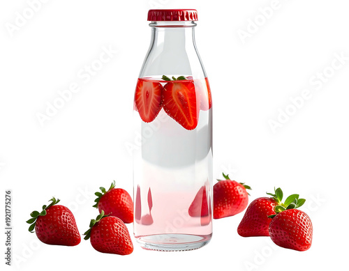 Refreshing strawberry infused water bottle with fresh fruits around.