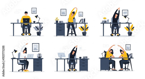 Office workers stretching at desk vector set for corporate wellness and ergonomic health workplace illustrations