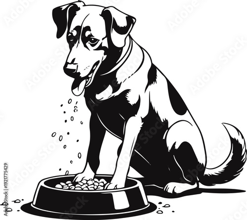 Ultra bold contour cartoon illustration of a sitting dog lowering head into food bowl while eating, exaggerated thick black lines, minimal interior detail, monochrome vector, clean white background 1