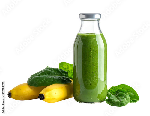 Healthy Green Smoothie with Bananas and Spinach in a Glass Bottle.