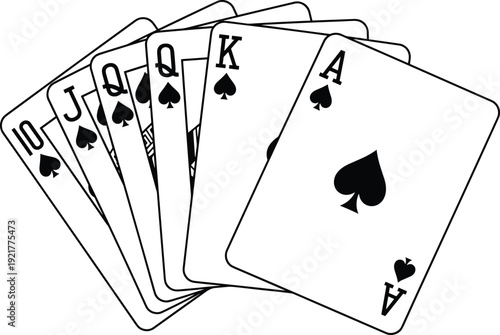 Royal Flush Playing Cards Hand, Spade Suit Poker Casino Gambling Concept Isolated on White Background Illustration