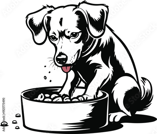 Ultra bold contour cartoon illustration of a sitting dog lowering head into food bowl while eating, exaggerated thick black lines, minimal interior detail, monochrome vector, clean white background 1