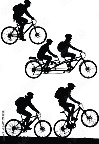 Cyclist silhouettes collection, mountain biking and tandem bicycle riders in action, black vector illustration isolated on white background