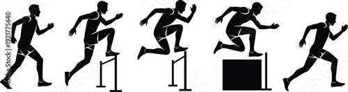 Hurdle Runner Silhouette Set Vector Illustration with Athlete Jumping Over Obstacles in Track and Field Action Sequence Isolated Background