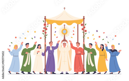 A vibrant illustration of a group of people celebrating a festive occasion with a colorful canopy