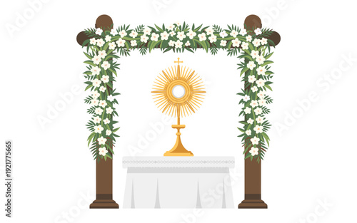 A beautiful vector illustration of a golden monstrance on an altar under a floral arch