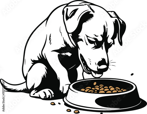 Ultra bold contour cartoon illustration of a sitting dog lowering head into food bowl while eating, exaggerated thick black lines, minimal interior detail, monochrome vector, clean white background