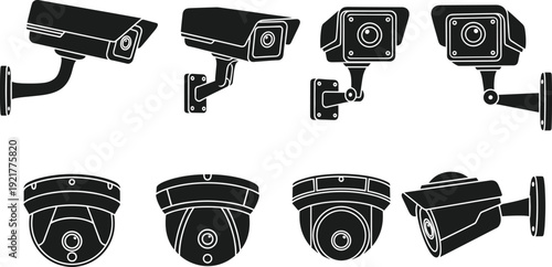 Black and white vector illustration set featuring eight different surveillance security cameras, including wall-mounted bullet designs and dome-style indoor monitoring equipment variations.
