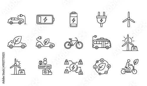 Sustainable Electric Transportation Linear Icon Pack 50 Icons