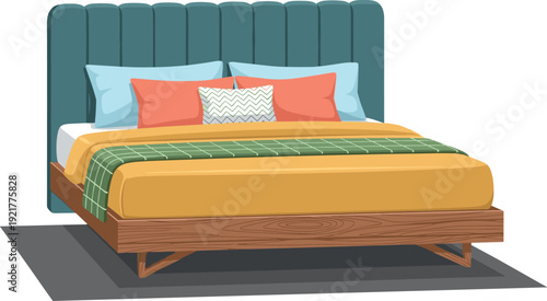 Contemporary Upholstered Bed with Colorful Pillows and Wooden Frame Modern Bedroom Furniture Vector Illustration