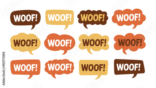 Twelve speech bubble shapes with the word W O F in keywords: white text on brown and orange backgrounds