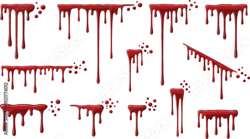 Realistic dripping blood splatter set horror liquid drips red paint effect isolated vector illustration Halloween design elements grunge style decoration collection