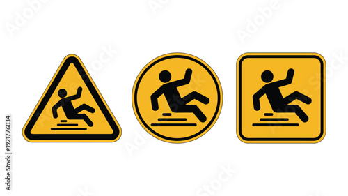 Yellow warning signs with keywords: black silhouette of person slipping on wet floor caution danger hazard