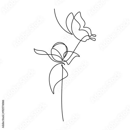 Hand drawn peony flower butterfly vector. One line continuous floral drawing. Cartoon botanical illustration, abstract print, banner, card, doodle, logo, sign, symbol, icon, camomile silhouette.