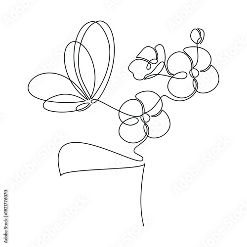 One line continuous floral drawing. Hand drawn orchid flower butterfly vector. Cartoon botanical illustration, abstract print, banner, card, doodle, logo, sign, symbol, icon, camomile silhouette.