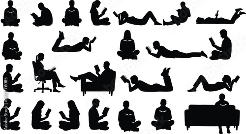 Large collection of people silhouettes reading books in various sitting and lying poses isolated on white background vector illustration
