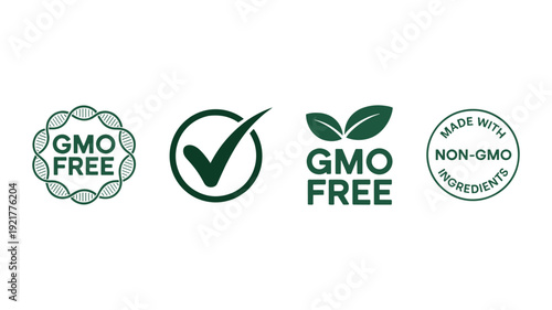Four green G M O free and non G M O ingredients certification on keywords: white background