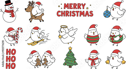 Cute Christmas Bird Characters with Santa Hats, Snowman, Reindeer, Angel, Tree, and Holiday Greetings Cartoon Vector Illustration Set
