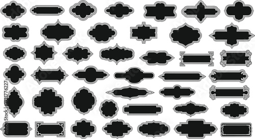 Set of black vintage frames and ornate labels with white borders isolated on white background for wedding invitations formal certificates and elegant product packaging
