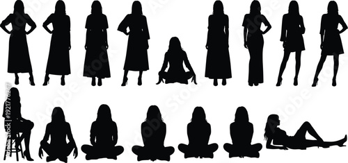 Set of black woman silhouettes in various poses including standing sitting and lying down isolated on grey background for fashion lifestyle and community design